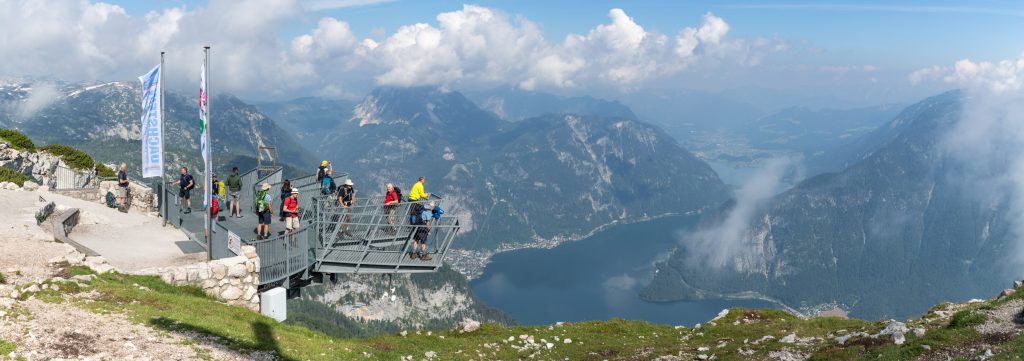 Panorama looking over the town of Hallstatt from the Five Fingers view point in the Salzkammergut region, Austria.