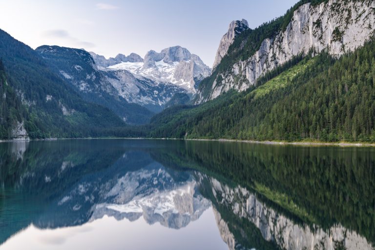Vorderer Gosausee and the Dachstein mountain range near to Gosau in the Salzkammergut region, Austria. August 2019 newsletter cover.