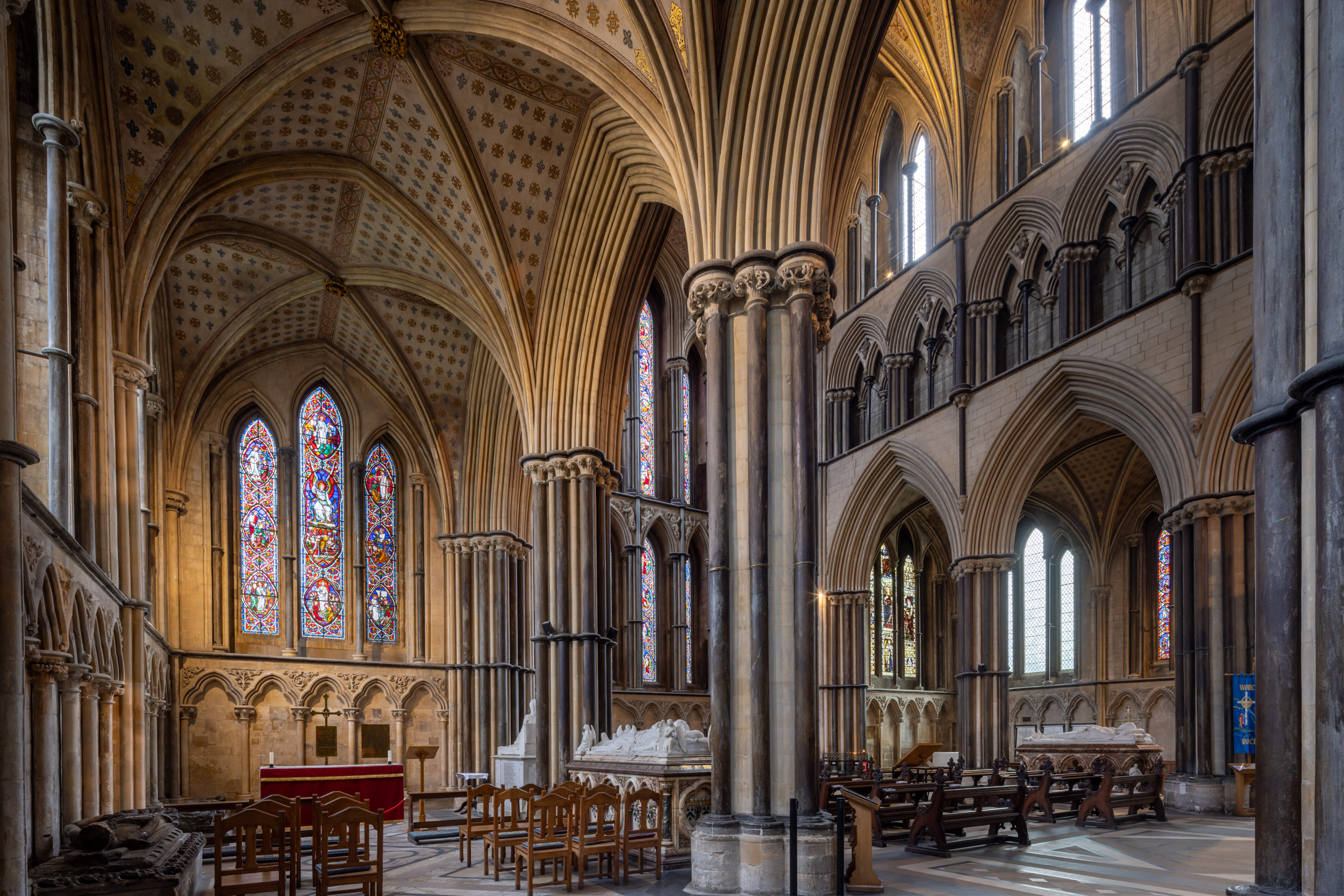 The Lady Chapel of Worcester cathedral in Worcester, England, UK. Built between 1084 and 1504, Worcester Cathedral represents every style of English architecture from Norman to Perpendicular Gothic. It is famous for its Norman crypt and unique chapter house, its unusual Transitional Gothic bays, its fine woodwork and its exquisite central tower, which is of particularly fine proportions.