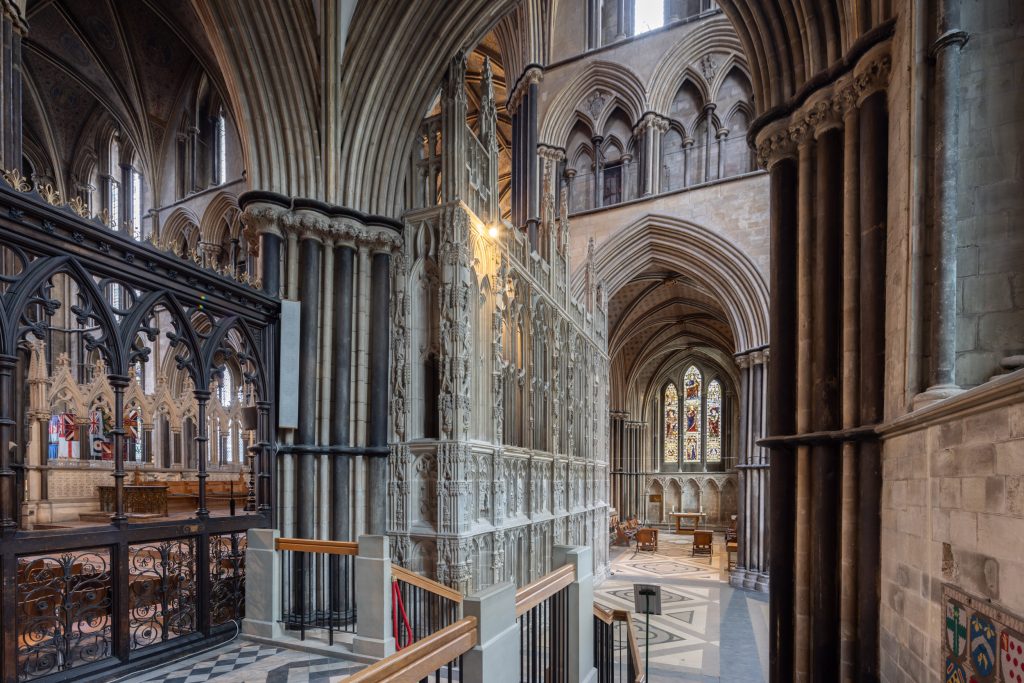 The stunning Gothic architecture of Worcester cathedral, England, UK. Built between 1084 and 1504, Worcester Cathedral represents every style of English architecture from Norman to Perpendicular Gothic. It is famous for its Norman crypt and unique chapter house, its unusual Transitional Gothic bays, its fine woodwork and its exquisite central tower, which is of particularly fine proportions.