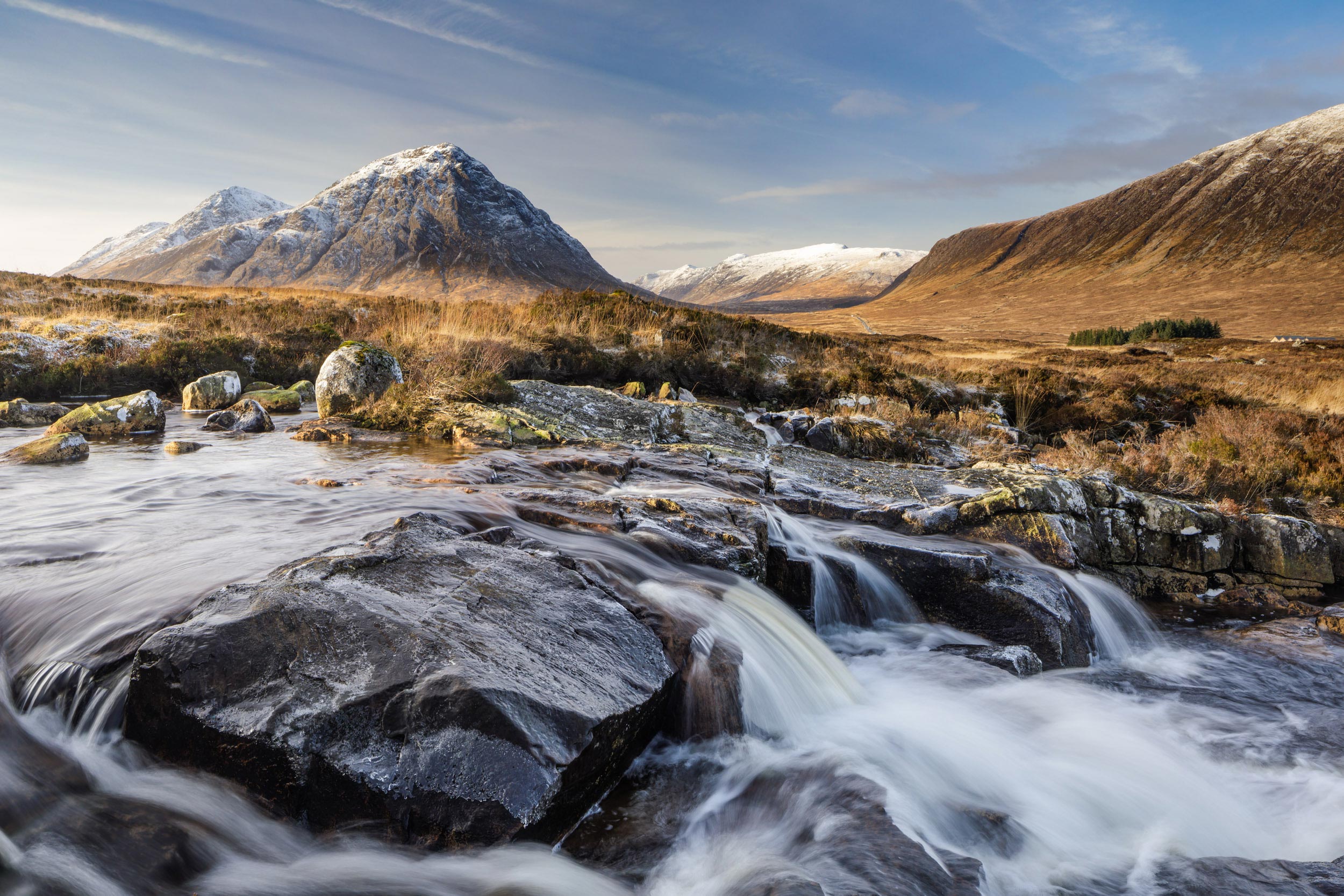 A beautiful waterfall near to Buachaille Etive Mor, Rannoch Moor, Scotland, UK. Taken during the Scotland photography tours and workshop in January.