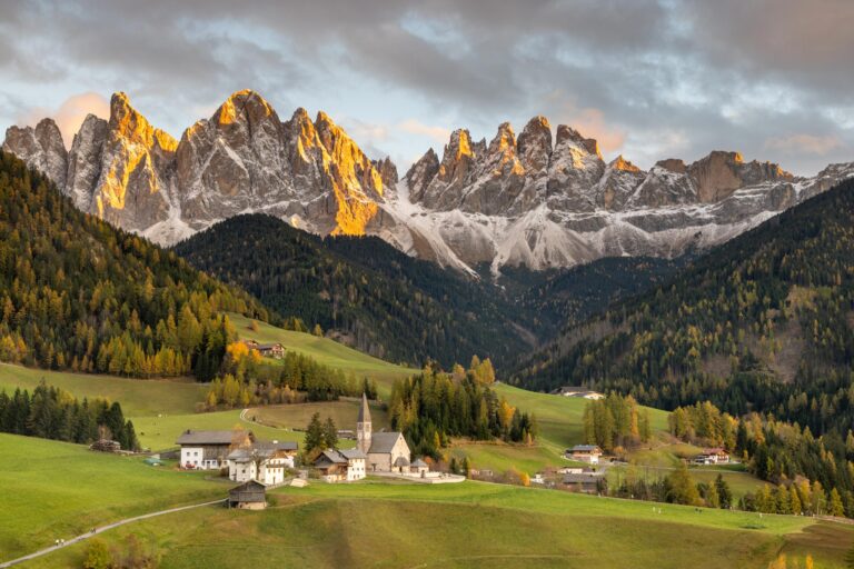 Sunset on the Odle Range above Santa Maddalena. Taken on the Dolomites in autumn photography tour in October.