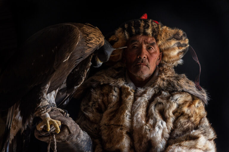A Kazakh Mongolian eagle hunter and his golden eagle. Taken on the Mongolia Photo Tour & Golden Eagle Festival.