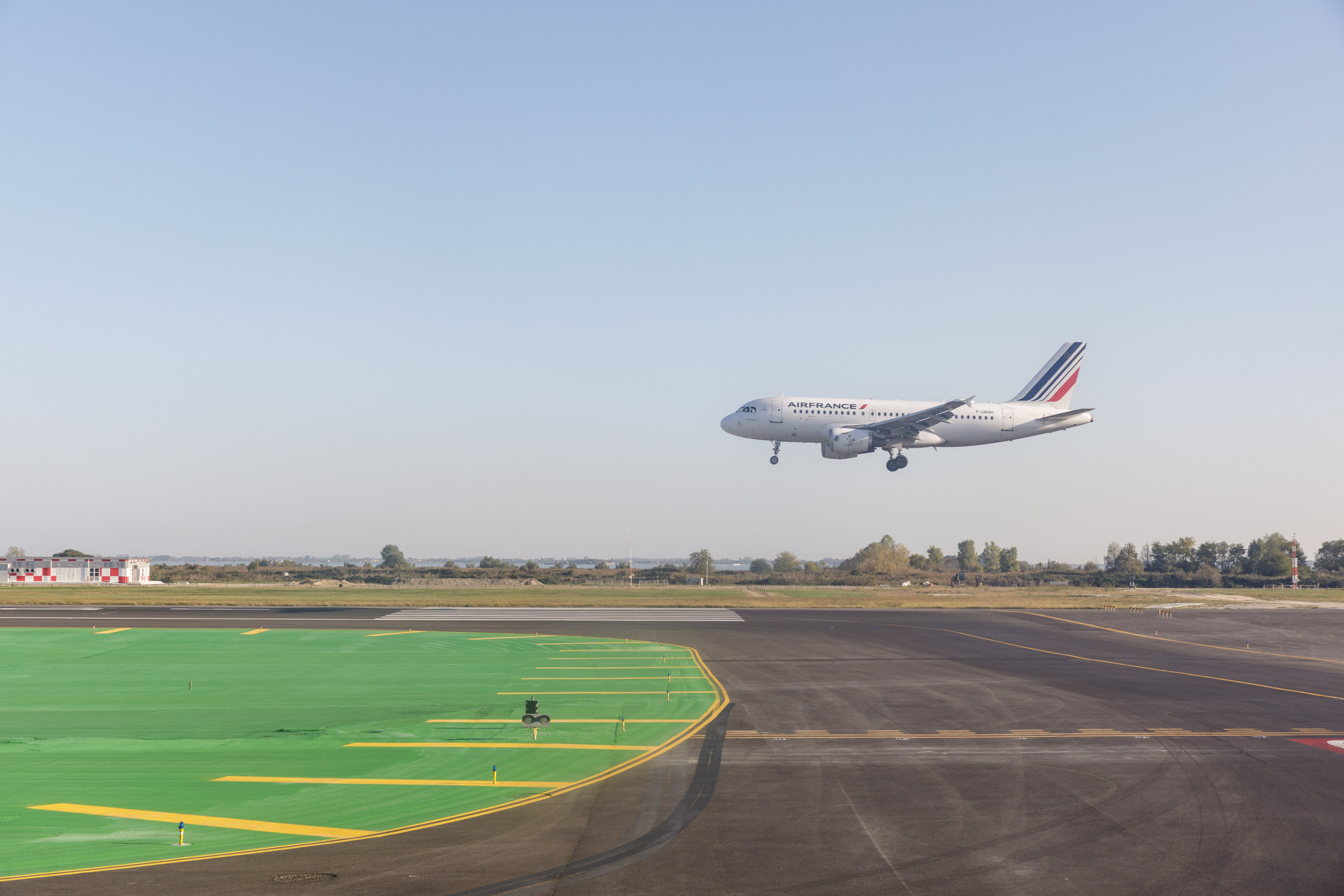 An Airbus A319-111 Air France comes into land at Venice Marco Polo airport in Italy.