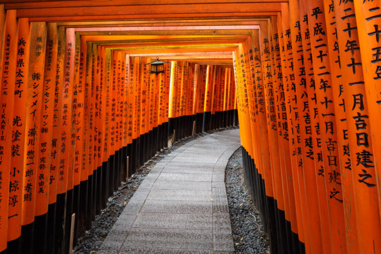 Vermilion torii gates at the Fushimi Inari Shrine in Kyoto. Taken during the Japan Cherry Blossom Photo Tour in April.