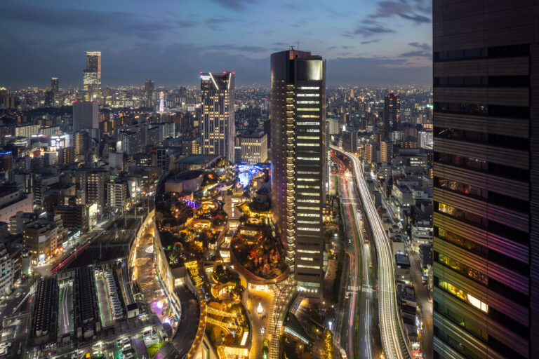 High-angle view of the cityscape and skyline of Osaka. Taken during the Japan Cherry Blossom Photo Tour in April.