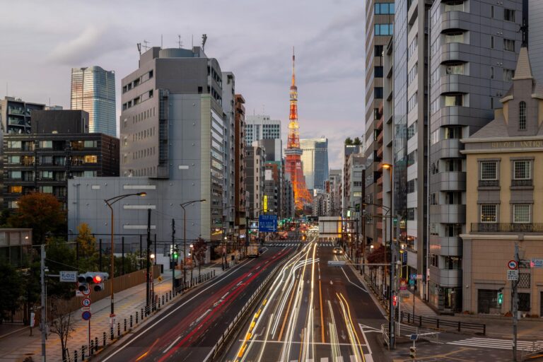 The cityscape and skyline of Tokyo and the Tokyo Tower in central Tokyo, Japan.