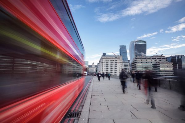 Commuters on London Bridge in London, England.