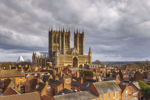 Rooftop view of Lincoln cathedral in England, UK. Print by Julian Elliott.