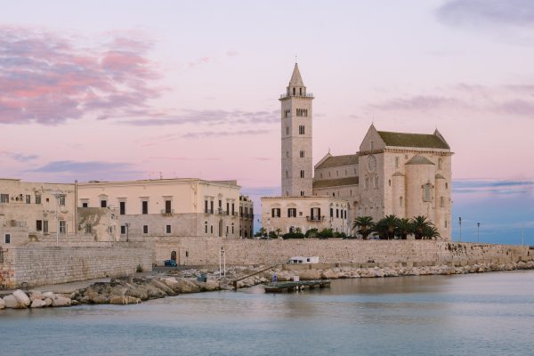 Sunrise over Trani cathedral in Puglia, Italy.